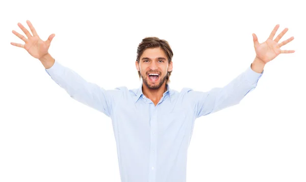 Bonito homem de negócios animado sorriso feliz — Fotografia de Stock