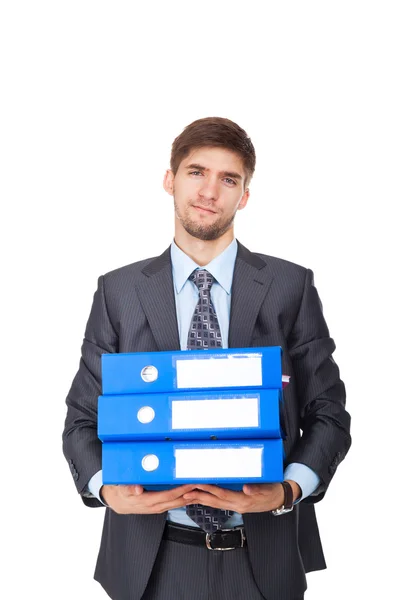 Επιχειρηματίας με στοίβα μπλε φάκελο αναστατωμένος — Φωτογραφία Αρχείου