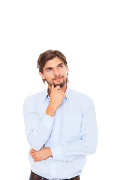 Guapo joven hombre de negocios serio pensar mirar hacia arriba para el espacio de copia vacía —  Fotos de Stock