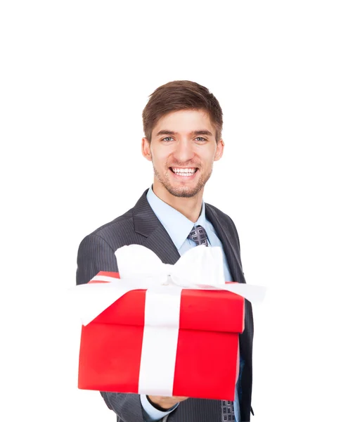 Uomo d'affari eccitato sorriso felice tenere in mano la scatola regalo — Foto Stock