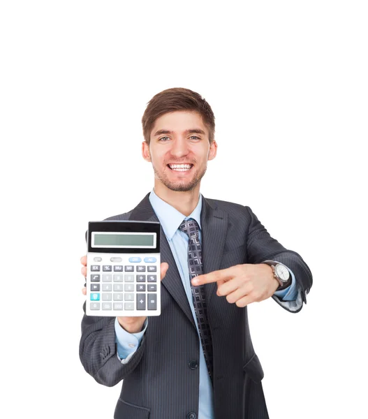 Biznesmen trzymać Pokaż kalkulator — Zdjęcie stockowe