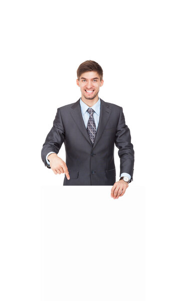 Businessman holding a blank white card board