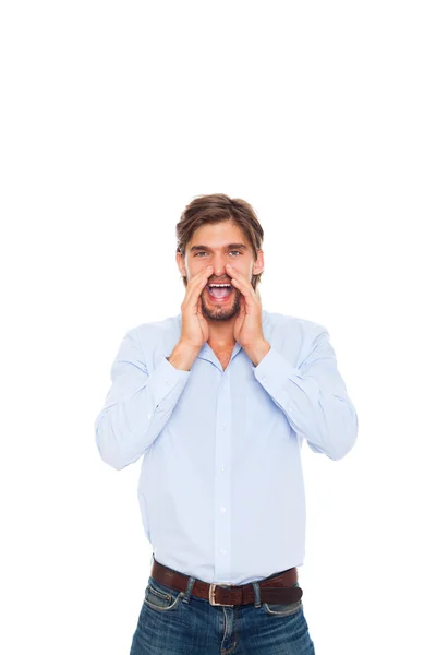 Businessman loud shouting hold hand near open mouth gesture — Stock Photo, Image