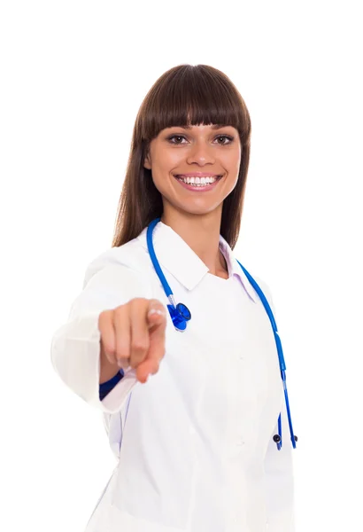 Doctor woman pointing finger — Stock Photo, Image