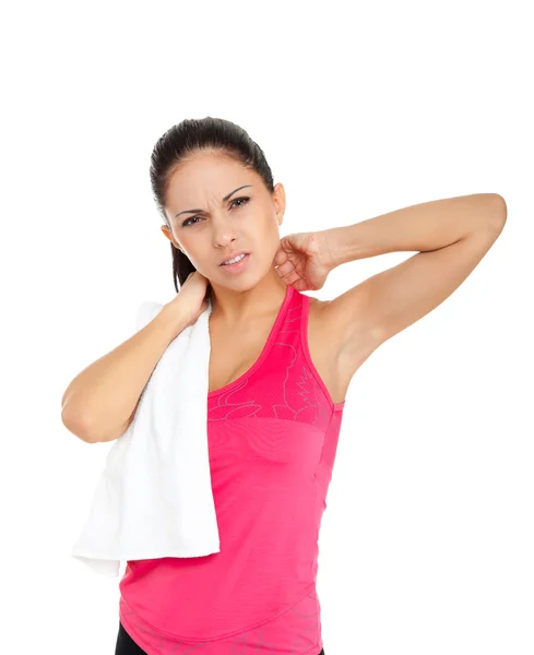 Sport fitness woman pain neck — Stock Photo, Image