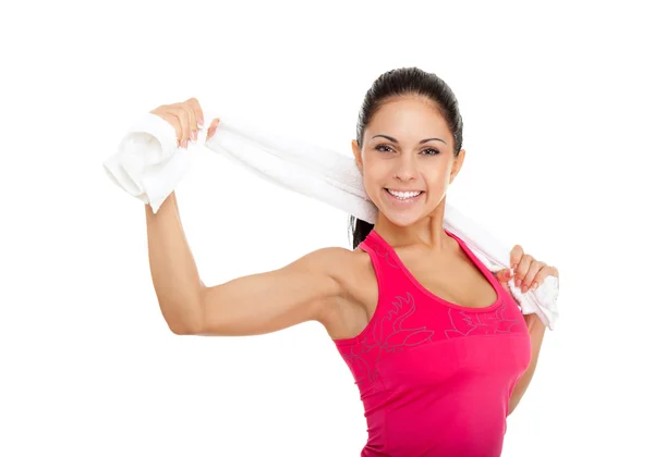 Young healthy smile girl hold towel athletic body — Stock Photo, Image