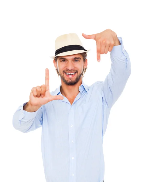 Man smile making frame picture with hand fingers Stock Picture