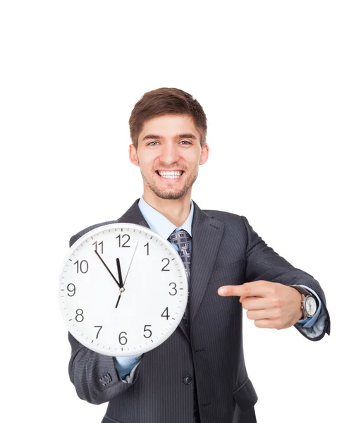 Businessman hold show clock point finger on it — Stock Photo, Image