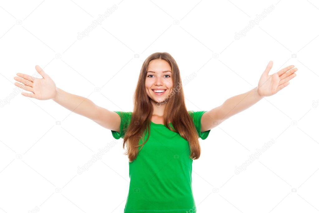 Smile teenage excited girl raised up palms arms hands at you