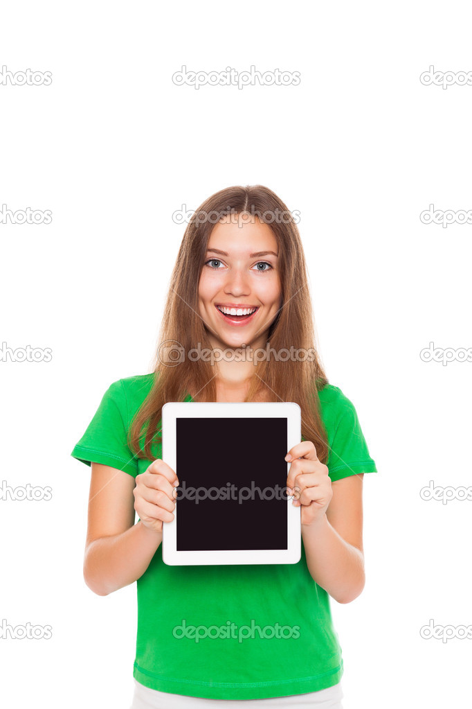 Happy smiling woman holding tablet pad computer