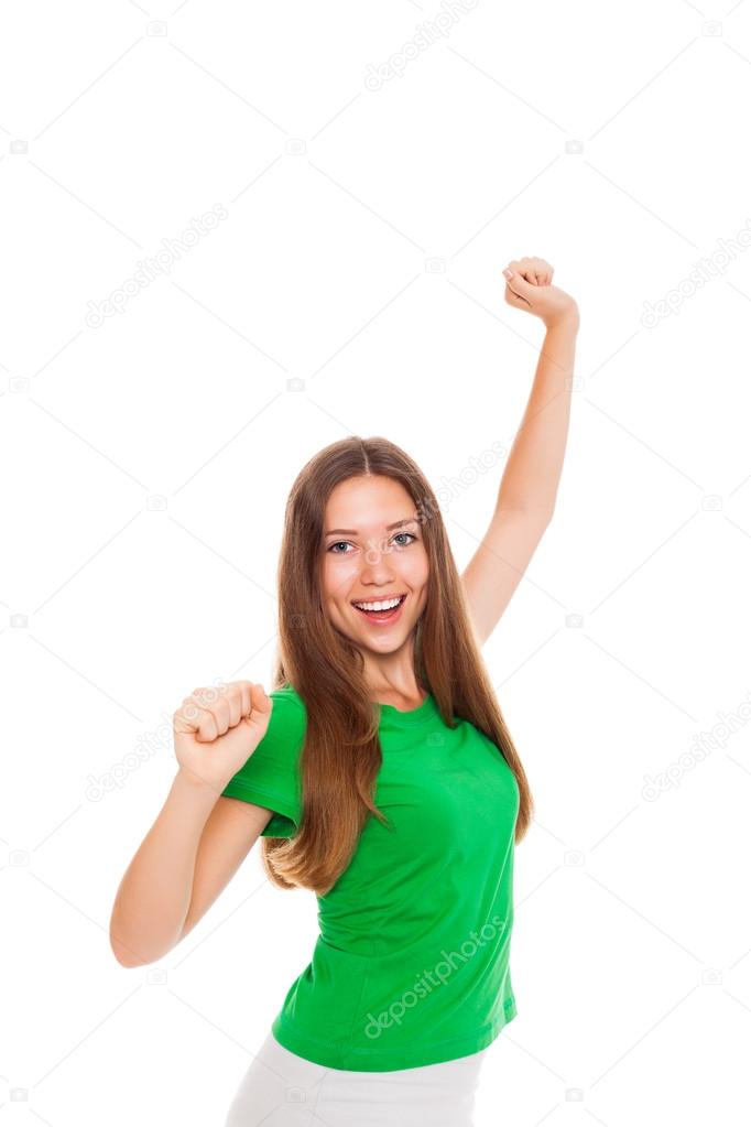 Teenage girl holding arms and hands fist up