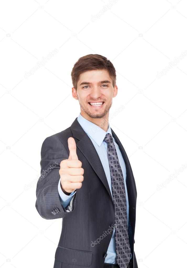 Young business man hold hand with thumb up gesture