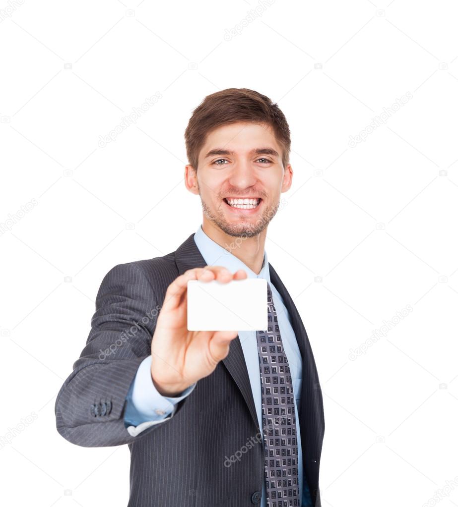 Business man holding a blank business card