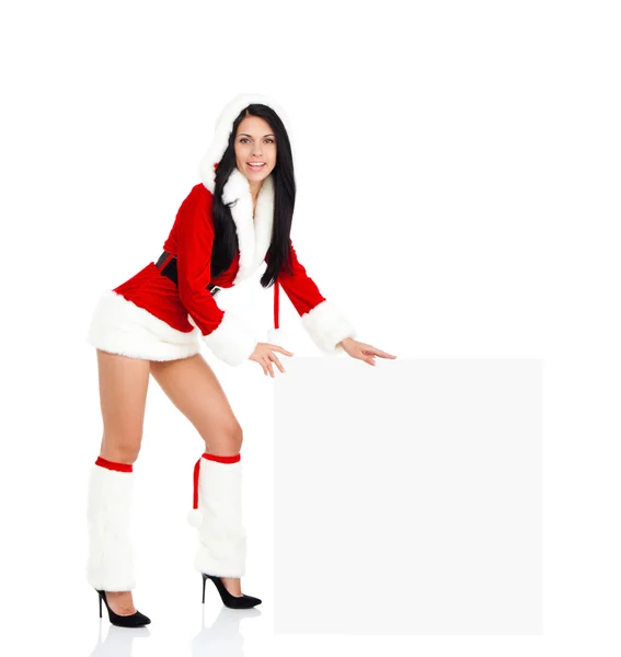 Woman in Clause costume holding blank board — Stock Photo, Image