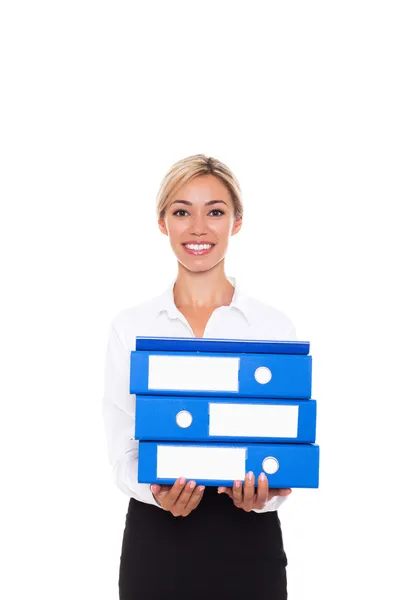 Business woman and blue stack folders — Stock Photo, Image