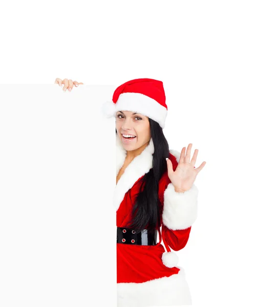 Frau im Weihnachtsmann-Kostüm mit leerem Brett — Stockfoto