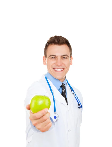 Medical doctor young hold green fresh apple — Stock Photo, Image