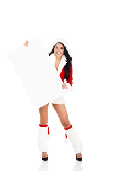 Party woman in Clause costume holding blank board — Stock Photo, Image