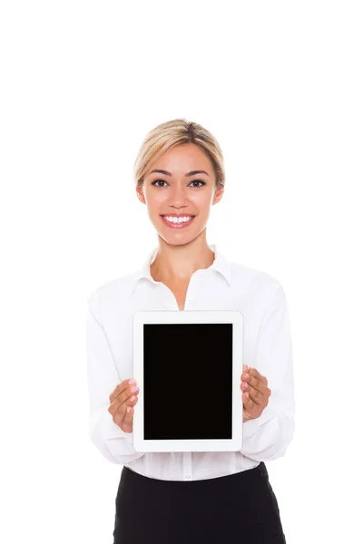 Усміхнена бізнес-леді з планшетною панеллю — стокове фото
