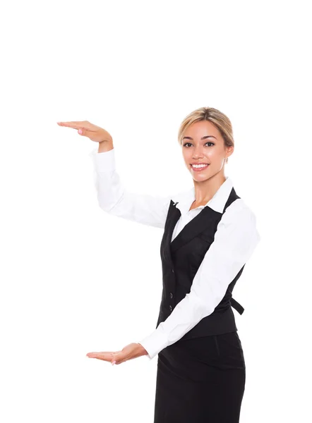 Biznes kobieta pokazuje znak strony do strony — Zdjęcie stockowe