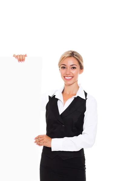 Mulher de negócios segurando um cartão branco em branco — Fotografia de Stock