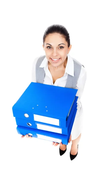 Businesswoman holding blue folders — Stock Photo, Image