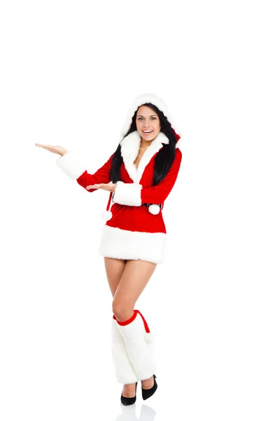 Woman in Santa Clause costume holding blank board — Stock Photo, Image