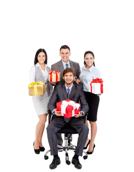 Business people group team hold gift box — Stock Photo, Image