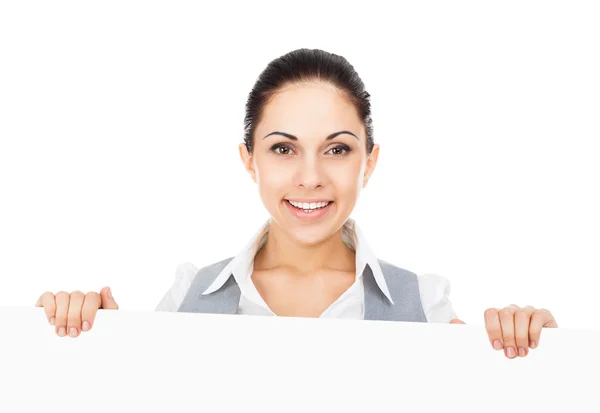 Geschäftsfrau hält weiße Tafel in der Hand — Stockfoto