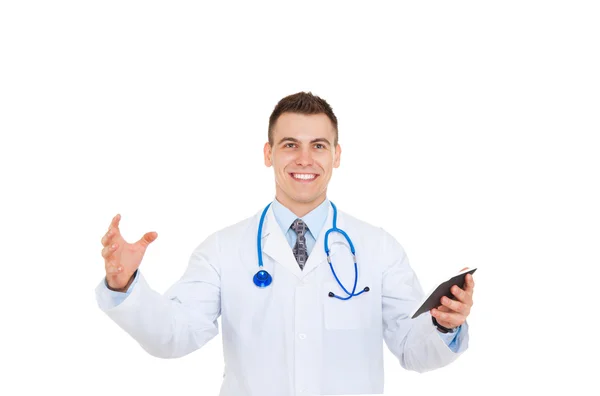 Młody lekarz z stetoskop trzymając tablet dotykowy ekran komputera — Zdjęcie stockowe