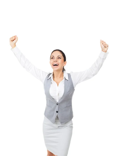 Aufgeregte Geschäftsfrau hält die Hände hoch — Stockfoto