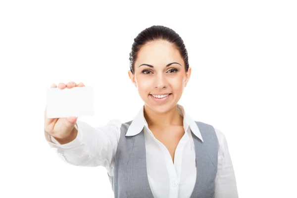 व्यवसायी महिला होल्डिंग रिक्त बिजनेस कार्ड — स्टॉक फ़ोटो, इमेज
