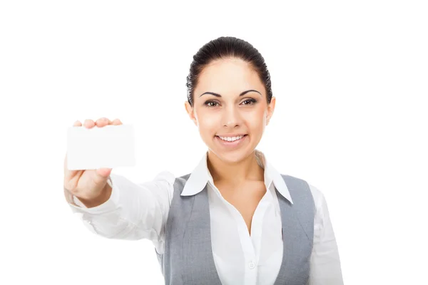 Empresária segurando cartão de visita em branco — Fotografia de Stock