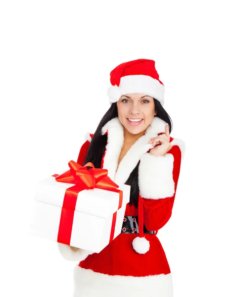 Noel Baba yan tümce kostümlü hediye tutan kadın — Stok fotoğraf