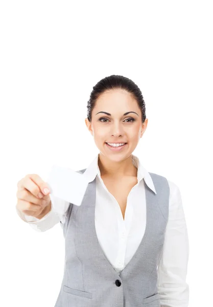 Mulher de negócios sorriso e cartão, mulher de negócios atraente . — Fotografia de Stock