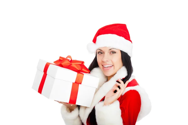 持有的礼物的圣诞老人条服装的女人 — 图库照片