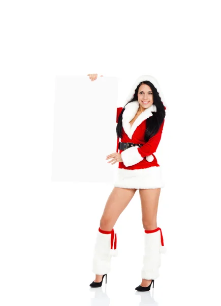 Woman in Clause costume holding blank board — Stock Photo, Image