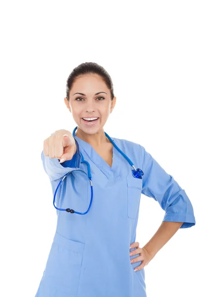 Doctor woman pointing finger at you — Stock Photo, Image