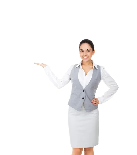 Businesswoman holding open palm with copy space — Stock Photo, Image