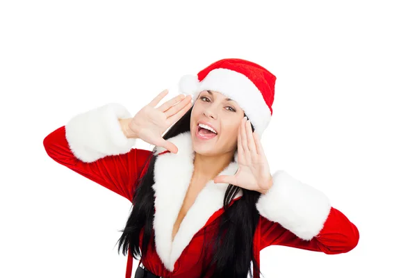 Woman in santa clause costume calling someone — Stockfoto