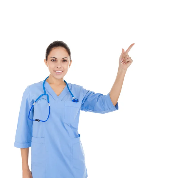 Doctor woman smile with stethoscope, hold hand showing something — Stock Photo, Image