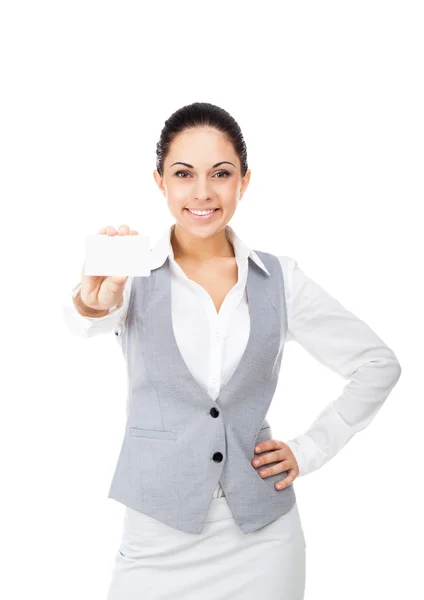 Empresária segurando cartão de visita em branco — Fotografia de Stock