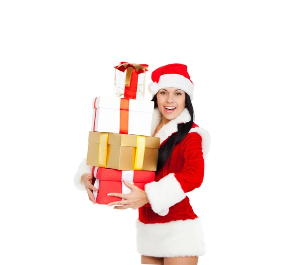 Natal santa menina com presentes — Fotografia de Stock