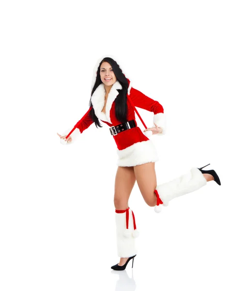 Christmas santa girl go for walk — Stock Photo, Image