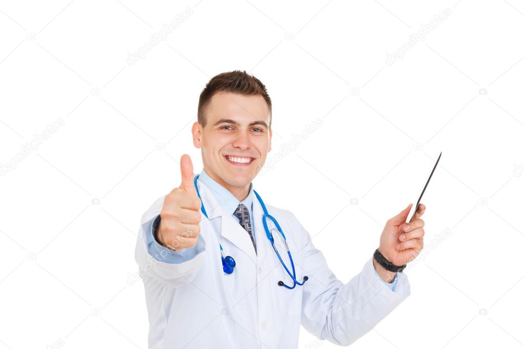 Medical doctor man with tablet show thumb up gesture