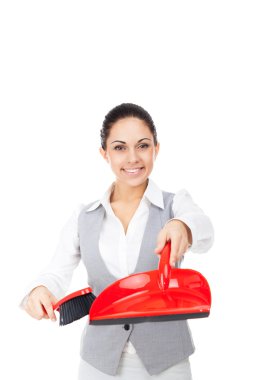 Businesswoman holding red scoop and broom clipart