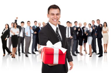 Businessman smile present gift red box in hand
