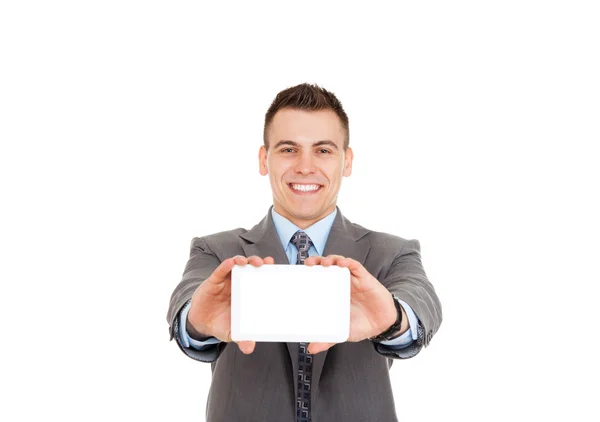 Handsome young business man show tablet computer — Stock Photo, Image