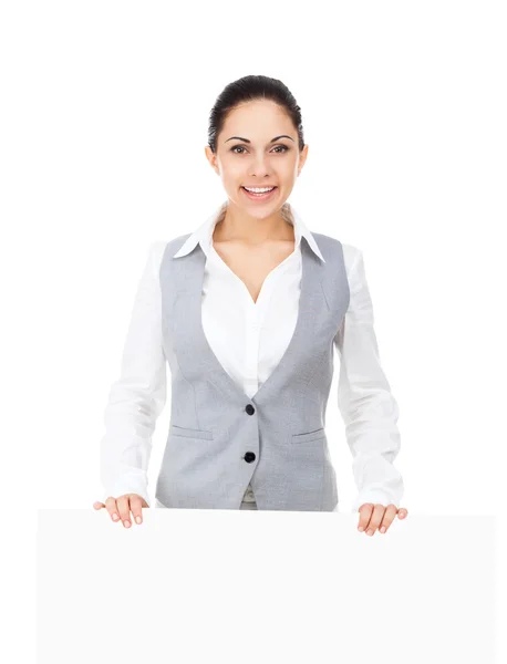 Businesswoman holding a blank white card board — Stock Photo, Image