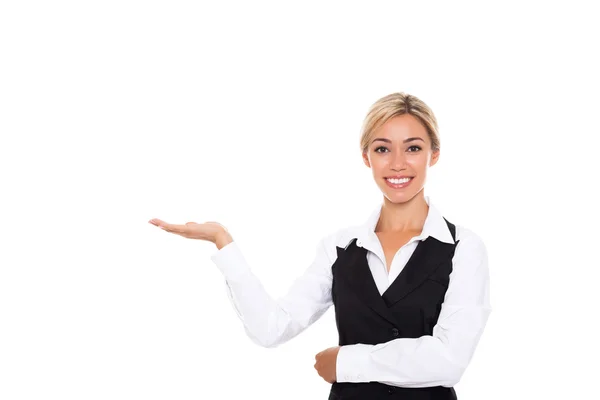 Business woman holding open palm with empty copy space — Stock Photo, Image